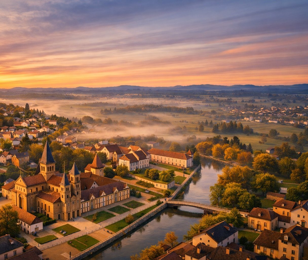 Paray-le-Monial et sa basilique au lever du soleil